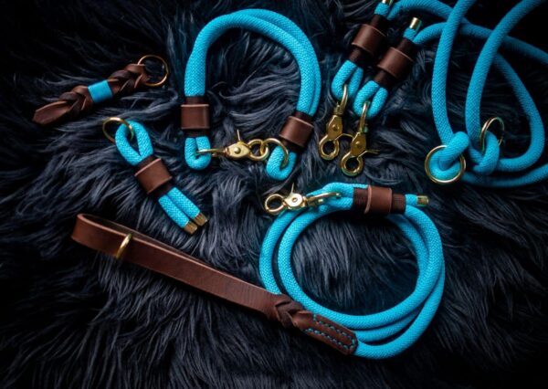 Set obojek + vodítko Venchim Designový obojek, krátké vodítko, přepínací vodítko, klíčenka. Všechny produkty kolekce Jsem Klasik v tyrkysové barvě.