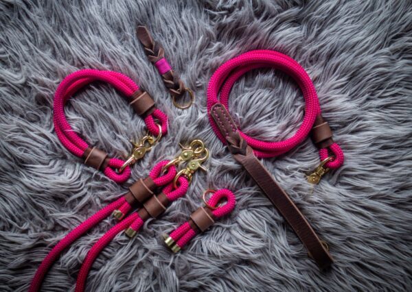 Set obojek + vodítko Venchim Designový obojek, krátké vodítko, přepínací vodítko, klíčenka. Všechny produkty kolekce Jsem Klasik v růžové barvě.