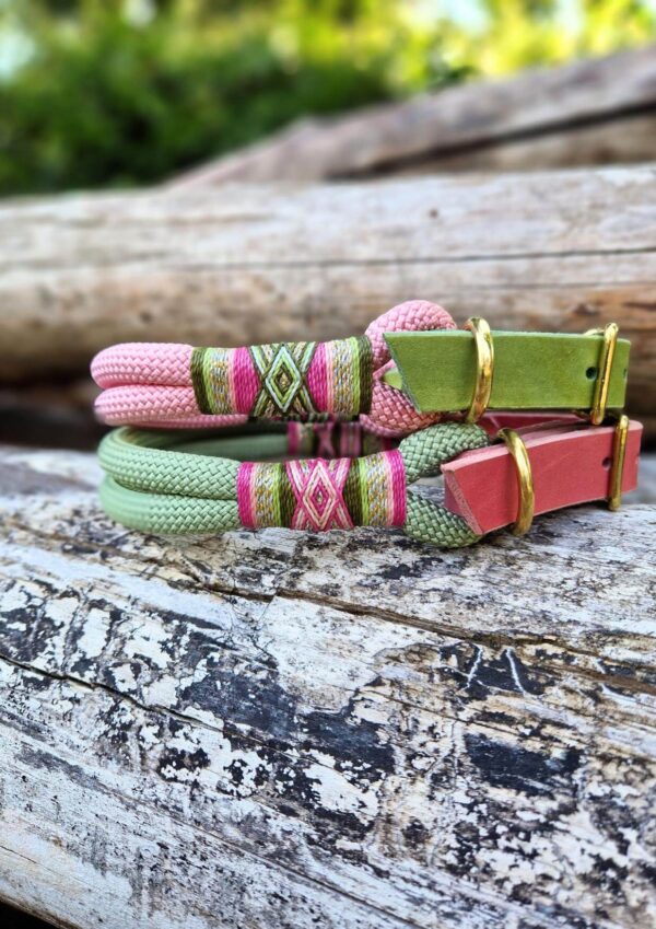 Obojek pro psa Lanový obojek. Model Watermelon, barva pastel pink a avocado