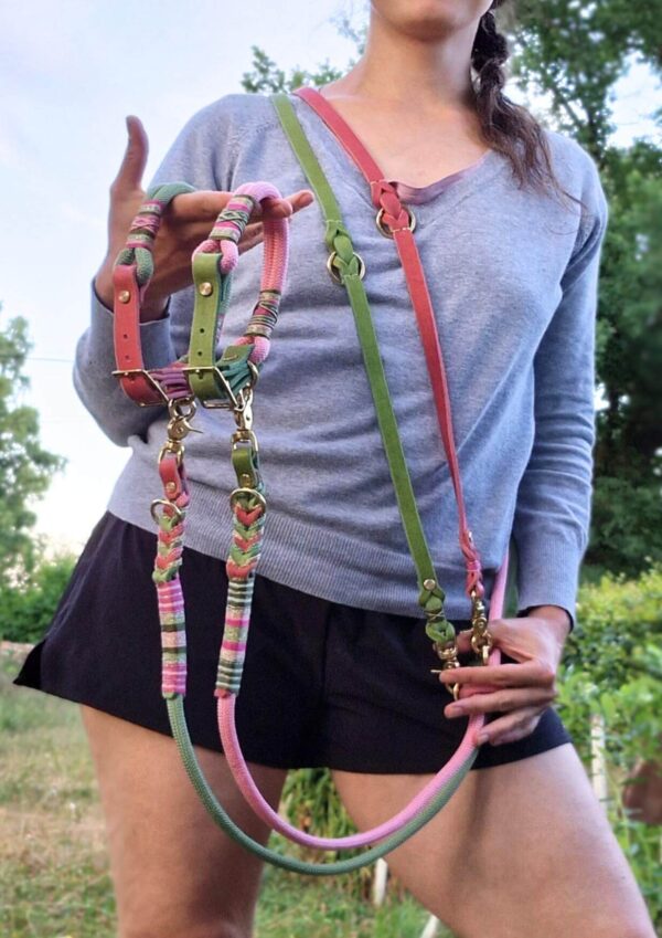 Lanový set pro psa Set lanového obojku a přepínacího vodítka 50/50 lano/kůže se zdobenou koncovkou. Model Watermelon