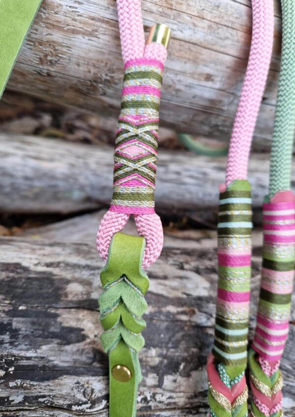 Obojek a vodítko pro psa Detail zdobení přepínacího vodítka 50/50 lano/kůže. Model Watermelon