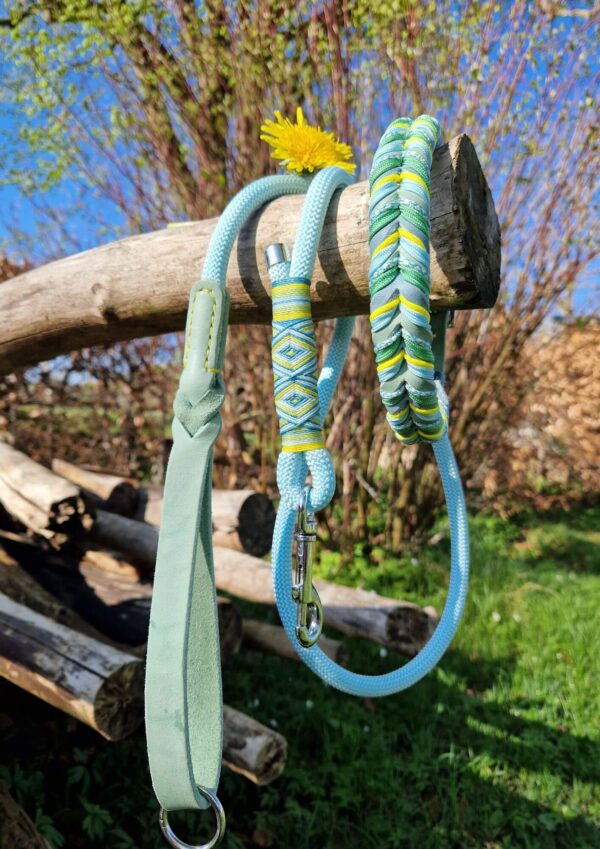 Kožený obojek s vodítkem Kožený proplétaný obojek s krátkým lanovým vodítkem s koženou ručkou ve svěžích jarních barvách z kolekce Jsem Hogofogo. Model Spring vibes