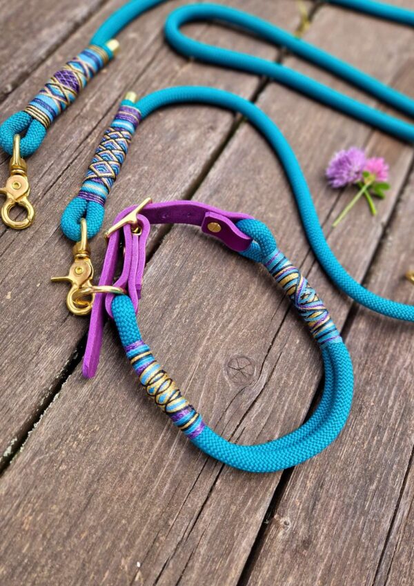 Set obojku a přepínacího vodítka Set lanového obojku a přepínacího vodítka v barvách teal, purple a gold z kolekce Jsem Hogofogo, model Dragon scale