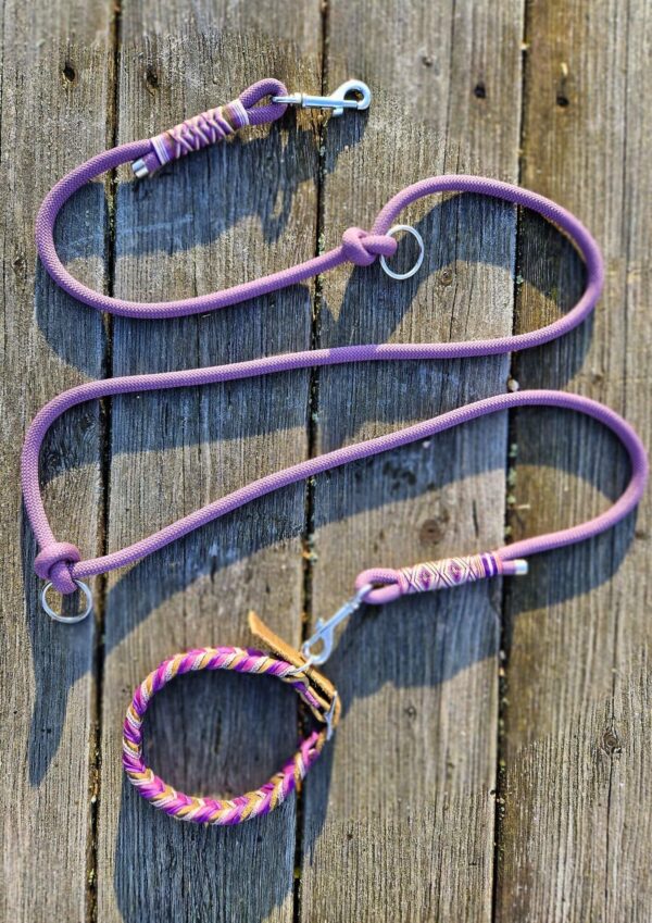 Set obojku a přepínacího vodítka Kožený proplétaný obojek v barvách purple a olive s lanovým přepínacím vodítkem z kolekce Jsem Hogofogo, model Mauve Lagoon