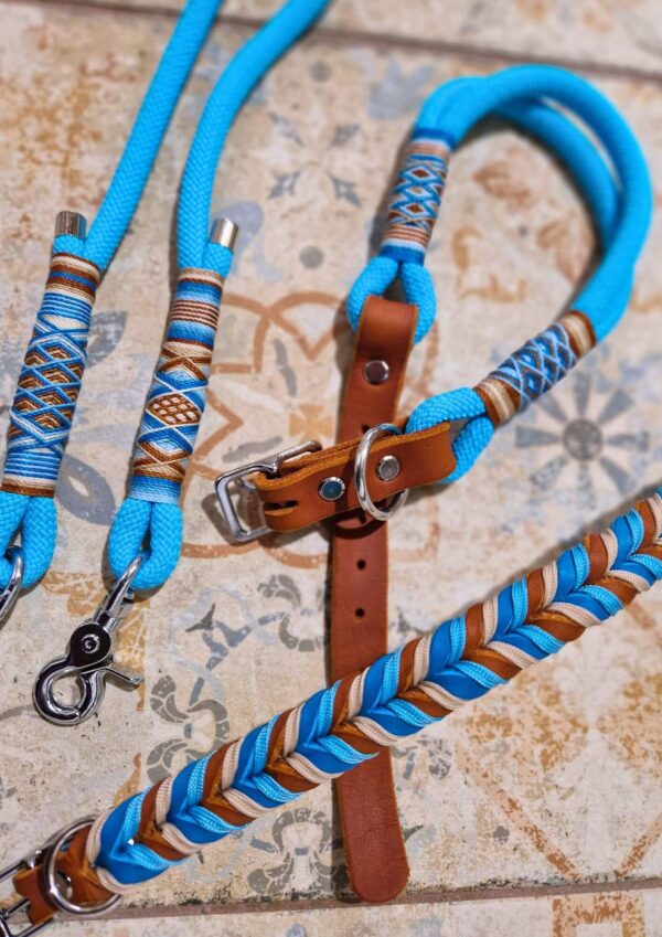 Set pro psa Kožený proplétaný obojek a lanový obojek v barvách turquoise a cognac s lanovým přepínacím vodítkem z kolekce Jsem Hogofogo, model Blue Lagoon