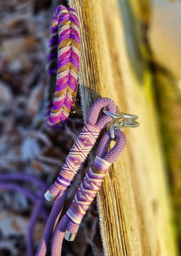 Set obojku a přepínacího vodítka Kožený proplétaný obojek v barvách purple a olive s lanovým přepínacím vodítkem z kolekce Jsem Hogofogo, model Mauve Melody